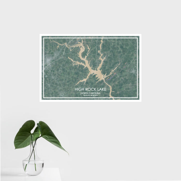 16x24 High Rock Lake North Carolina Map Print Landscape Orientation in Afternoon Style With Tropical Plant Leaves in Water