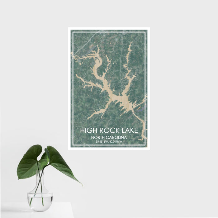 16x24 High Rock Lake North Carolina Map Print Portrait Orientation in Afternoon Style With Tropical Plant Leaves in Water