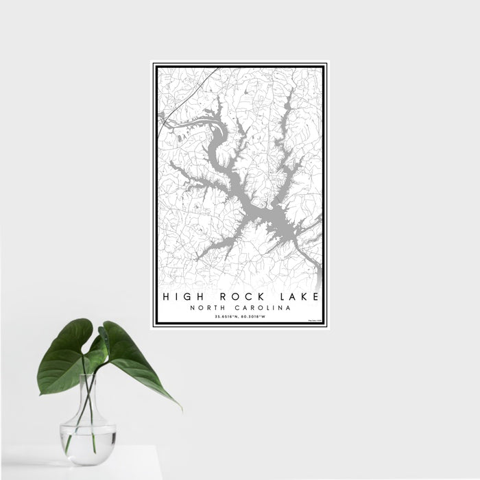 16x24 High Rock Lake North Carolina Map Print Portrait Orientation in Classic Style With Tropical Plant Leaves in Water