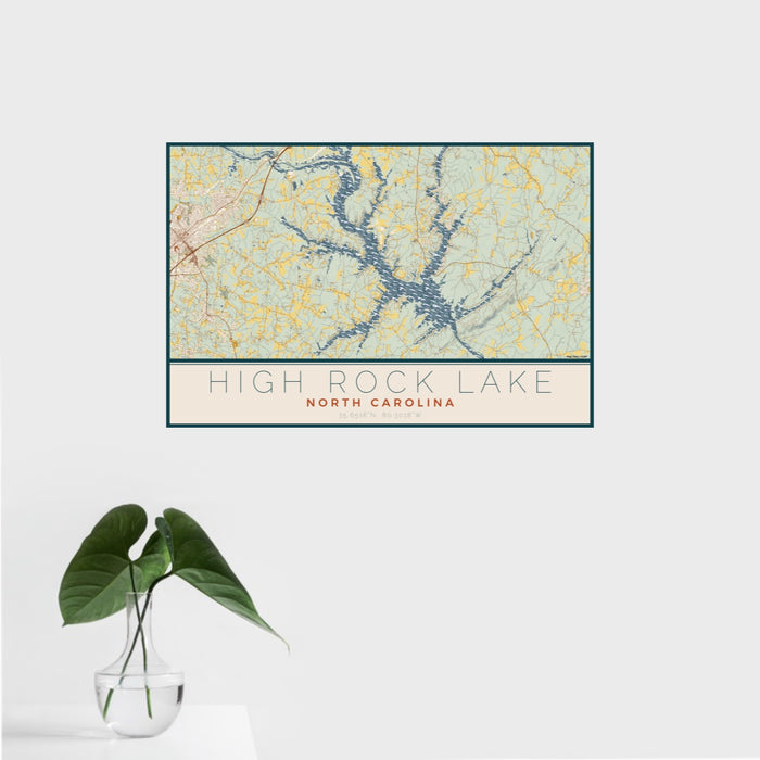 16x24 High Rock Lake North Carolina Map Print Landscape Orientation in Woodblock Style With Tropical Plant Leaves in Water