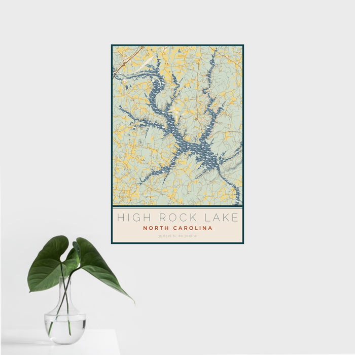 16x24 High Rock Lake North Carolina Map Print Portrait Orientation in Woodblock Style With Tropical Plant Leaves in Water