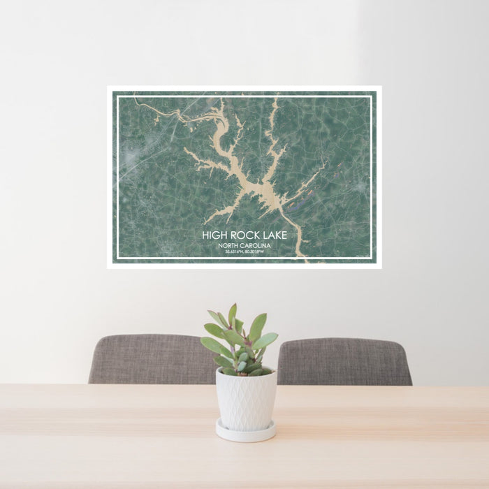24x36 High Rock Lake North Carolina Map Print Lanscape Orientation in Afternoon Style Behind 2 Chairs Table and Potted Plant