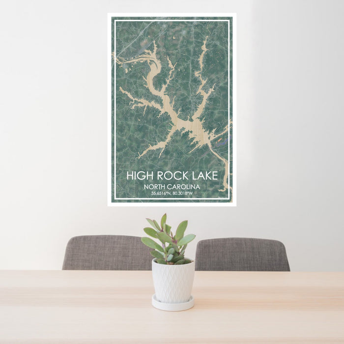 24x36 High Rock Lake North Carolina Map Print Portrait Orientation in Afternoon Style Behind 2 Chairs Table and Potted Plant