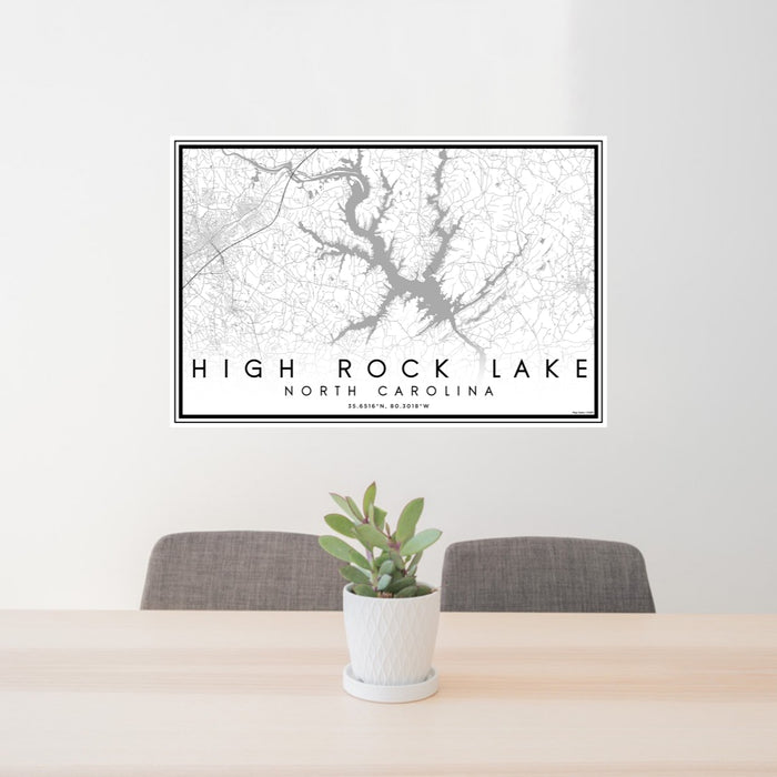 24x36 High Rock Lake North Carolina Map Print Lanscape Orientation in Classic Style Behind 2 Chairs Table and Potted Plant