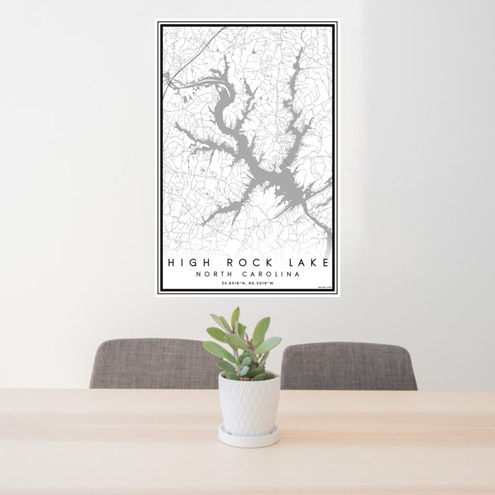 24x36 High Rock Lake North Carolina Map Print Portrait Orientation in Classic Style Behind 2 Chairs Table and Potted Plant