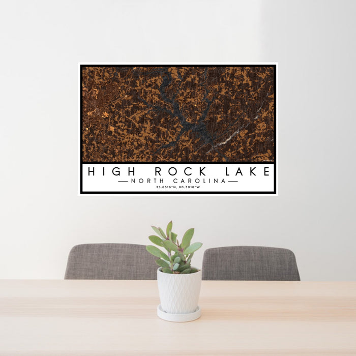 24x36 High Rock Lake North Carolina Map Print Lanscape Orientation in Ember Style Behind 2 Chairs Table and Potted Plant