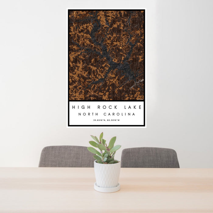 24x36 High Rock Lake North Carolina Map Print Portrait Orientation in Ember Style Behind 2 Chairs Table and Potted Plant