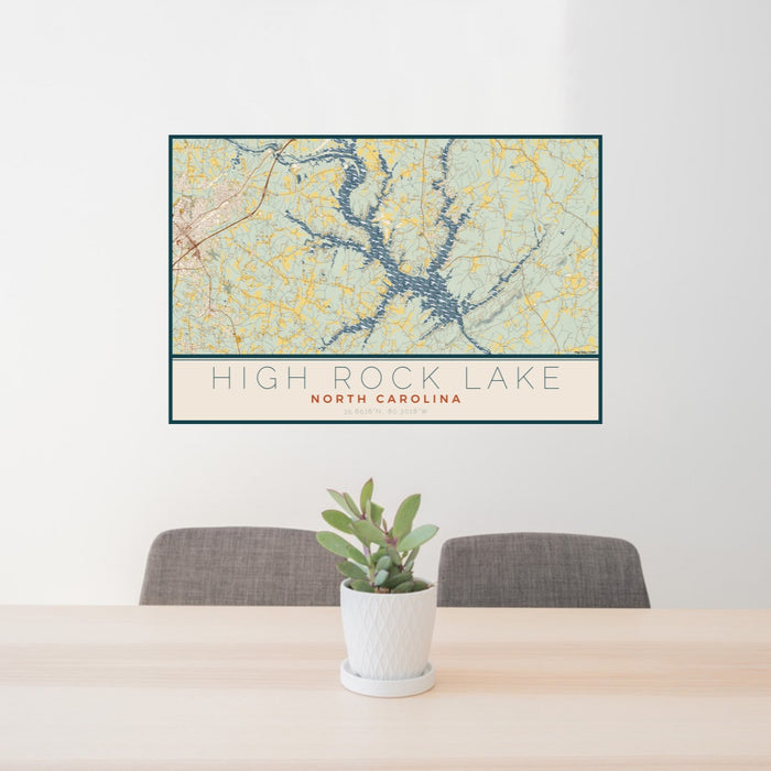 24x36 High Rock Lake North Carolina Map Print Lanscape Orientation in Woodblock Style Behind 2 Chairs Table and Potted Plant