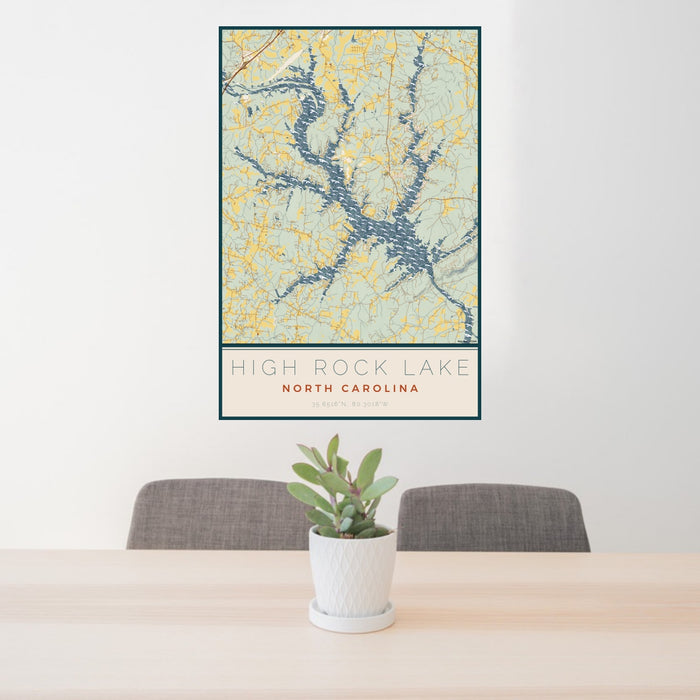 24x36 High Rock Lake North Carolina Map Print Portrait Orientation in Woodblock Style Behind 2 Chairs Table and Potted Plant