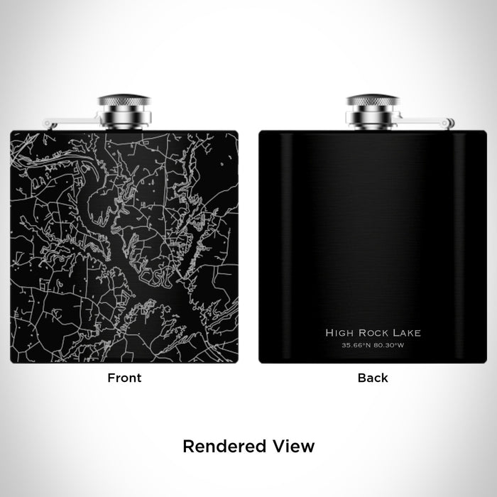 Rendered View of High Rock Lake North Carolina Map Engraving on 6oz Stainless Steel Flask in Black