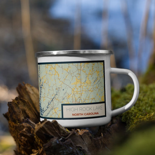Right View Custom High Rock Lake North Carolina Map Enamel Mug in Woodblock on Grass With Trees in Background