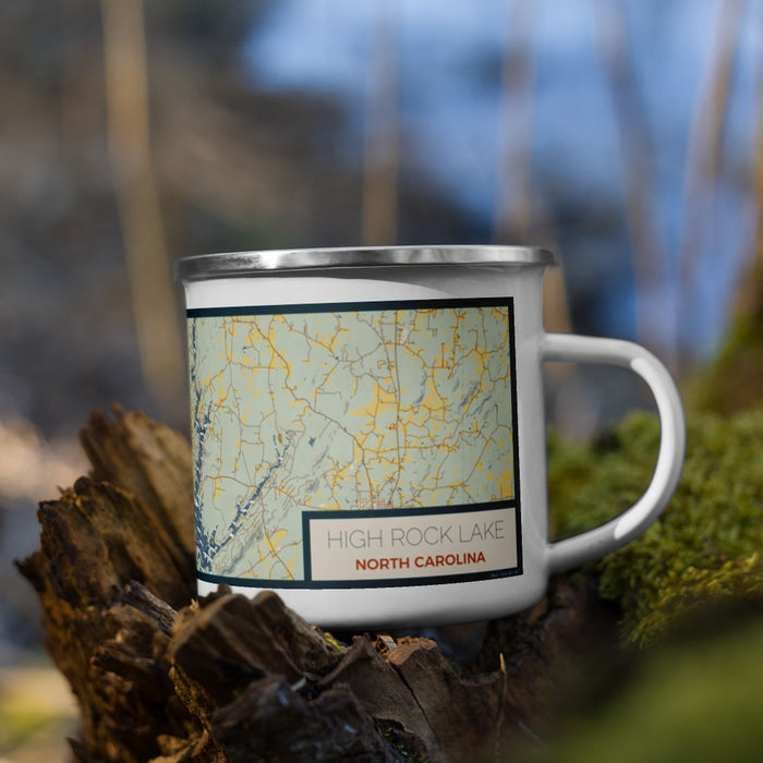 Right View Custom High Rock Lake North Carolina Map Enamel Mug in Woodblock on Grass With Trees in Background