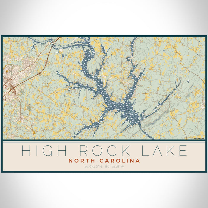 High Rock Lake North Carolina Map Print Landscape Orientation in Woodblock Style With Shaded Background