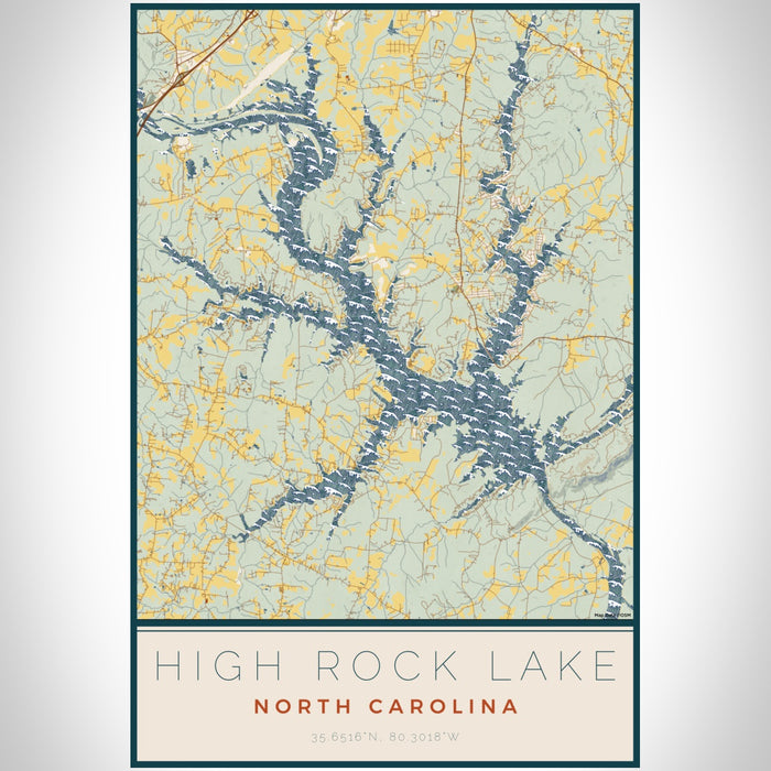 High Rock Lake North Carolina Map Print Portrait Orientation in Woodblock Style With Shaded Background