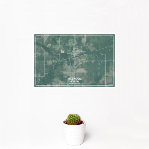 12x18 Hillman Michigan Map Print Landscape Orientation in Afternoon Style With Small Cactus Plant in White Planter