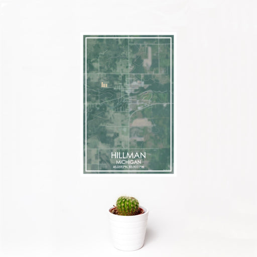 12x18 Hillman Michigan Map Print Portrait Orientation in Afternoon Style With Small Cactus Plant in White Planter