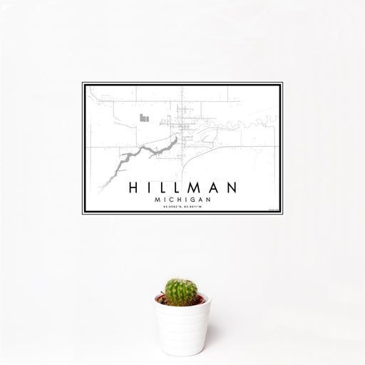 12x18 Hillman Michigan Map Print Landscape Orientation in Classic Style With Small Cactus Plant in White Planter