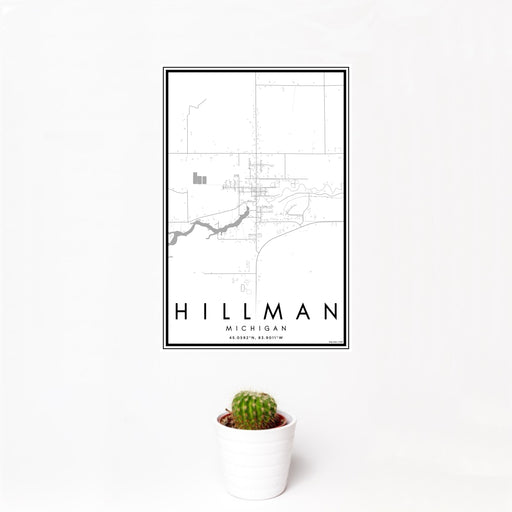 12x18 Hillman Michigan Map Print Portrait Orientation in Classic Style With Small Cactus Plant in White Planter