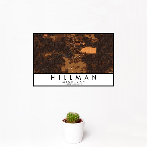 12x18 Hillman Michigan Map Print Landscape Orientation in Ember Style With Small Cactus Plant in White Planter