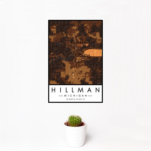 12x18 Hillman Michigan Map Print Portrait Orientation in Ember Style With Small Cactus Plant in White Planter