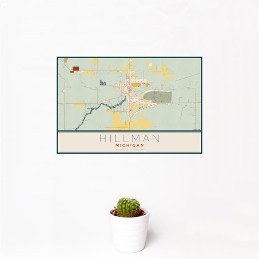 12x18 Hillman Michigan Map Print Landscape Orientation in Woodblock Style With Small Cactus Plant in White Planter