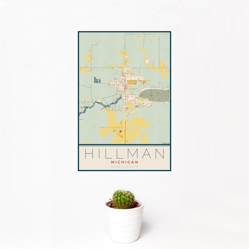 12x18 Hillman Michigan Map Print Portrait Orientation in Woodblock Style With Small Cactus Plant in White Planter