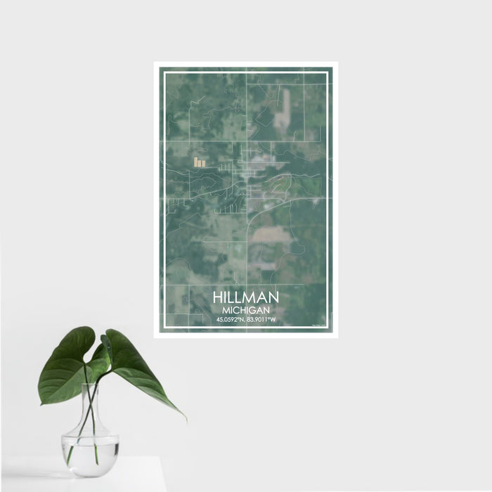 16x24 Hillman Michigan Map Print Portrait Orientation in Afternoon Style With Tropical Plant Leaves in Water