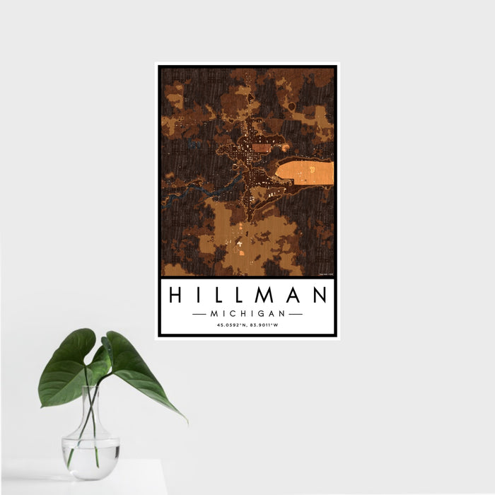 16x24 Hillman Michigan Map Print Portrait Orientation in Ember Style With Tropical Plant Leaves in Water