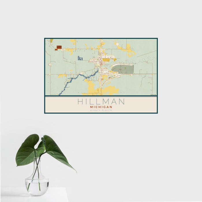 16x24 Hillman Michigan Map Print Landscape Orientation in Woodblock Style With Tropical Plant Leaves in Water