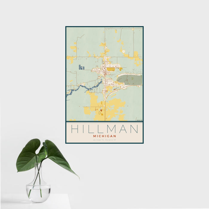 16x24 Hillman Michigan Map Print Portrait Orientation in Woodblock Style With Tropical Plant Leaves in Water