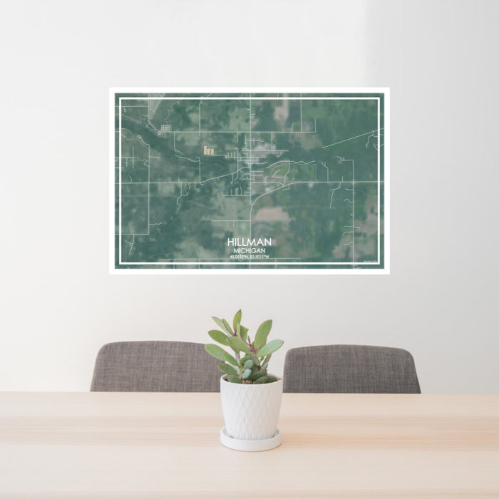 24x36 Hillman Michigan Map Print Lanscape Orientation in Afternoon Style Behind 2 Chairs Table and Potted Plant