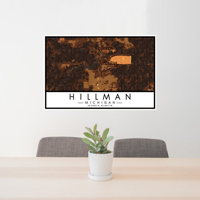 24x36 Hillman Michigan Map Print Lanscape Orientation in Ember Style Behind 2 Chairs Table and Potted Plant