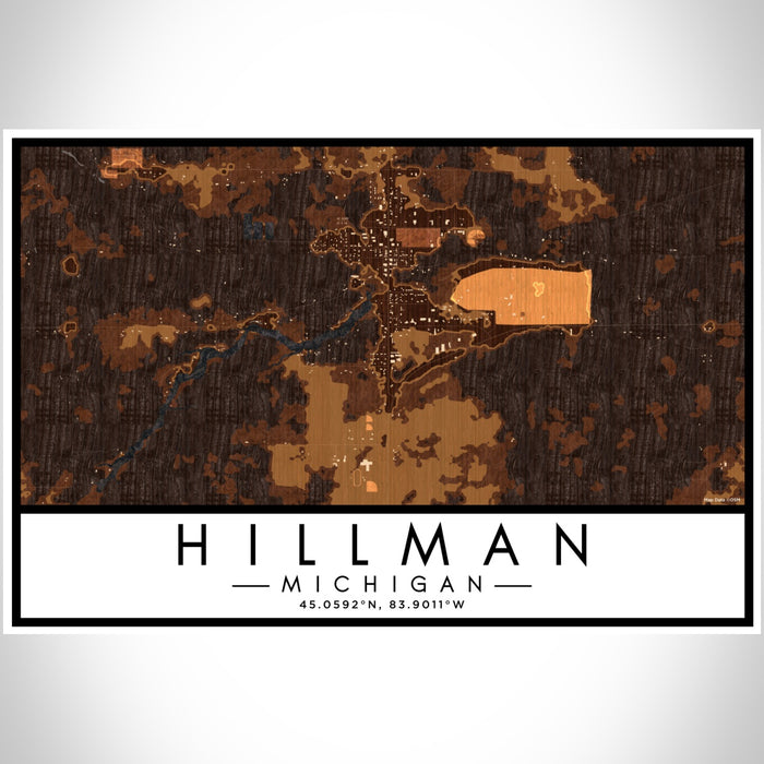 Hillman Michigan Map Print Landscape Orientation in Ember Style With Shaded Background
