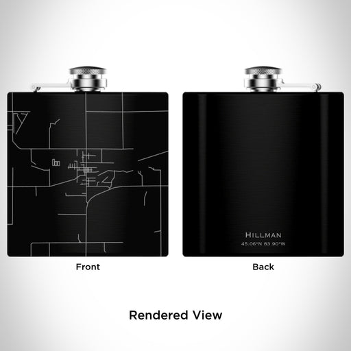 Rendered View of Hillman Michigan Map Engraving on 6oz Stainless Steel Flask in Black