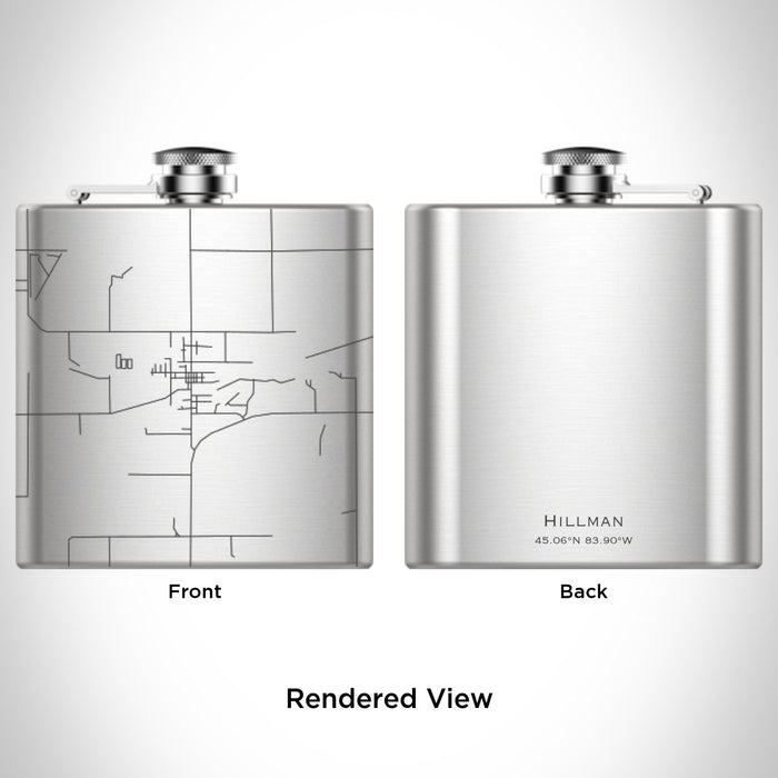 Rendered View of Hillman Michigan Map Engraving on 6oz Stainless Steel Flask