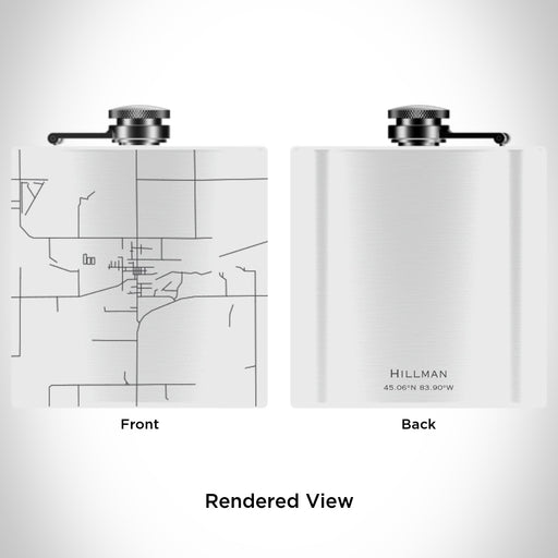 Rendered View of Hillman Michigan Map Engraving on 6oz Stainless Steel Flask in White