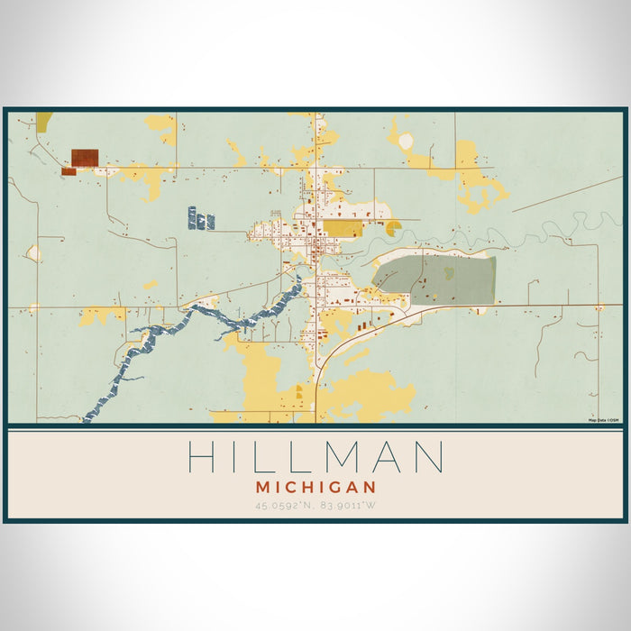 Hillman Michigan Map Print Landscape Orientation in Woodblock Style With Shaded Background