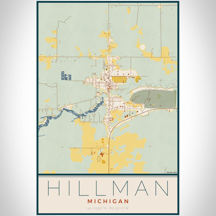 Hillman Michigan Map Print Portrait Orientation in Woodblock Style With Shaded Background