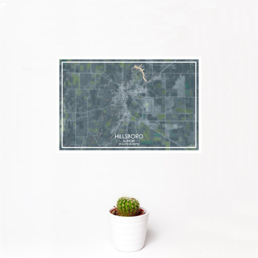 12x18 Hillsboro Illinois Map Print Landscape Orientation in Afternoon Style With Small Cactus Plant in White Planter