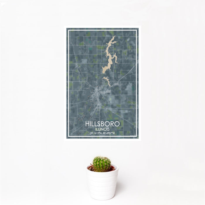 12x18 Hillsboro Illinois Map Print Portrait Orientation in Afternoon Style With Small Cactus Plant in White Planter