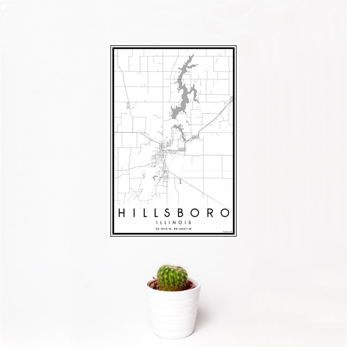 12x18 Hillsboro Illinois Map Print Portrait Orientation in Classic Style With Small Cactus Plant in White Planter