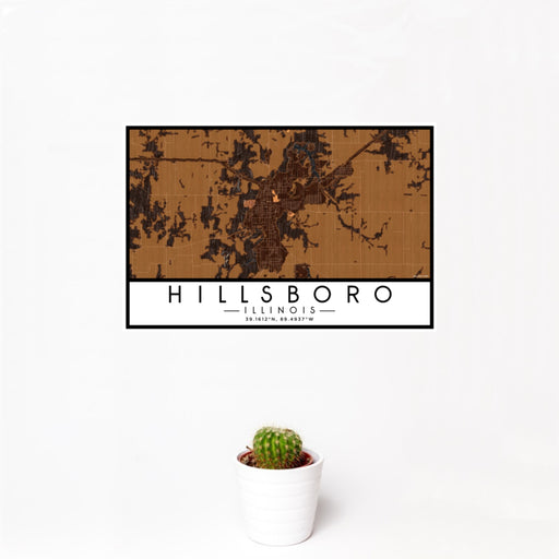 12x18 Hillsboro Illinois Map Print Landscape Orientation in Ember Style With Small Cactus Plant in White Planter