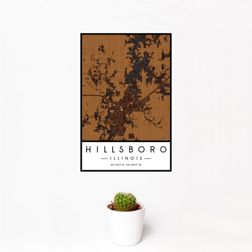12x18 Hillsboro Illinois Map Print Portrait Orientation in Ember Style With Small Cactus Plant in White Planter