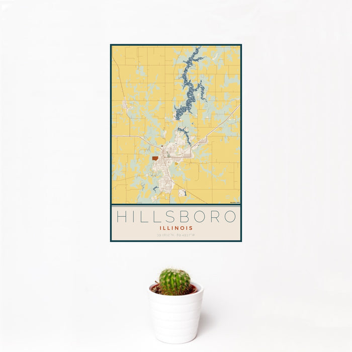 12x18 Hillsboro Illinois Map Print Portrait Orientation in Woodblock Style With Small Cactus Plant in White Planter