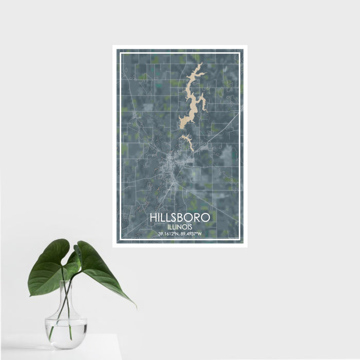 16x24 Hillsboro Illinois Map Print Portrait Orientation in Afternoon Style With Tropical Plant Leaves in Water