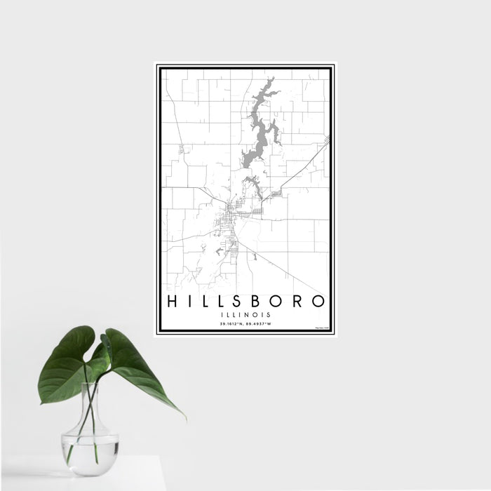 16x24 Hillsboro Illinois Map Print Portrait Orientation in Classic Style With Tropical Plant Leaves in Water
