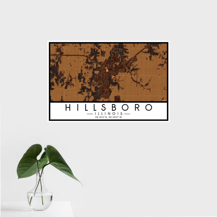 16x24 Hillsboro Illinois Map Print Landscape Orientation in Ember Style With Tropical Plant Leaves in Water