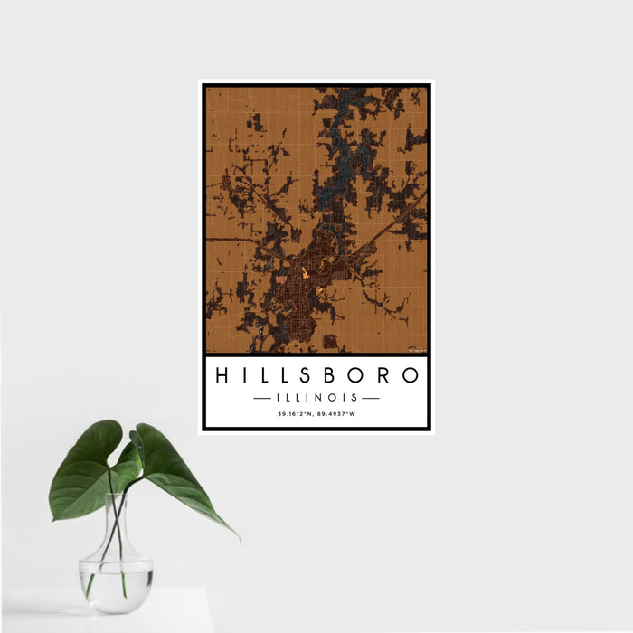 16x24 Hillsboro Illinois Map Print Portrait Orientation in Ember Style With Tropical Plant Leaves in Water