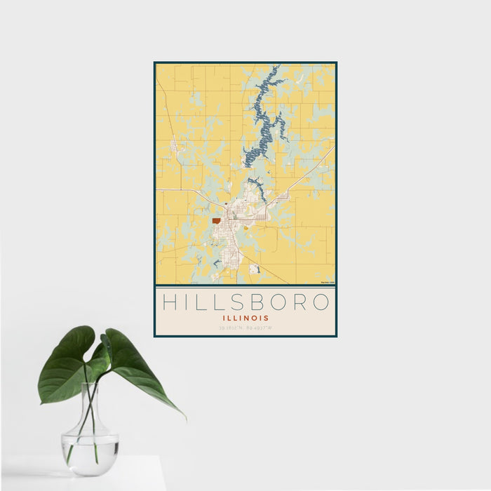16x24 Hillsboro Illinois Map Print Portrait Orientation in Woodblock Style With Tropical Plant Leaves in Water