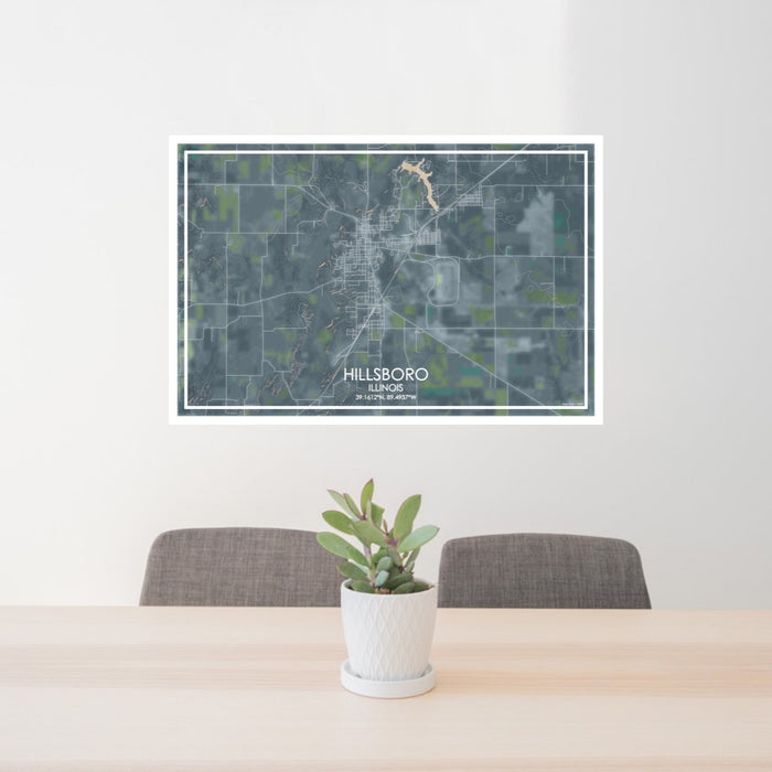24x36 Hillsboro Illinois Map Print Lanscape Orientation in Afternoon Style Behind 2 Chairs Table and Potted Plant